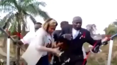 Sharply-suited dignitaries gathered to inaugurate a footbridge in the Congolese ca