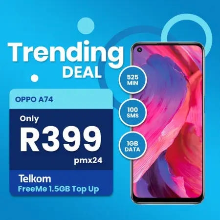 Apply now for the OPPO A74  1GB DATA  525 MINUTES  100 SMSs From only R39