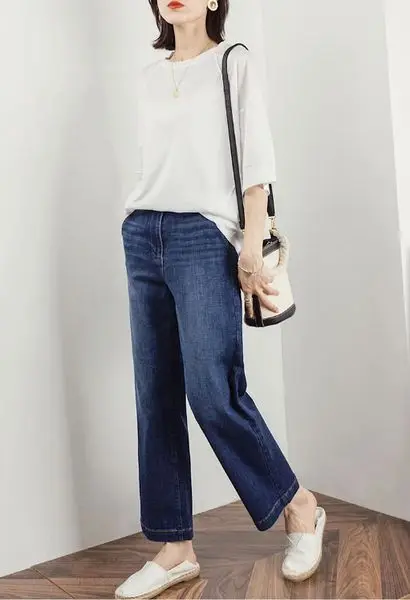 Womens Mid-high-waist Micro-wide-leg Straight-leg Jeans
