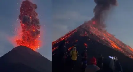 Watch as adventurers get frighteningly close to a volcano as it starts spewing lav