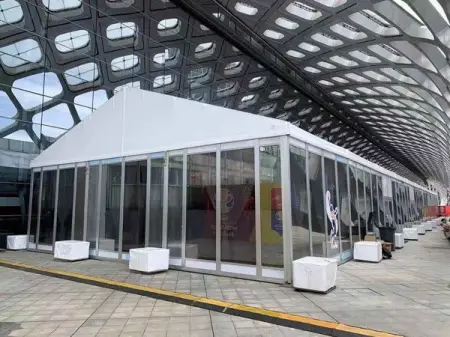 Clear top tent for exhibition is assemble easily with glass doors, eng